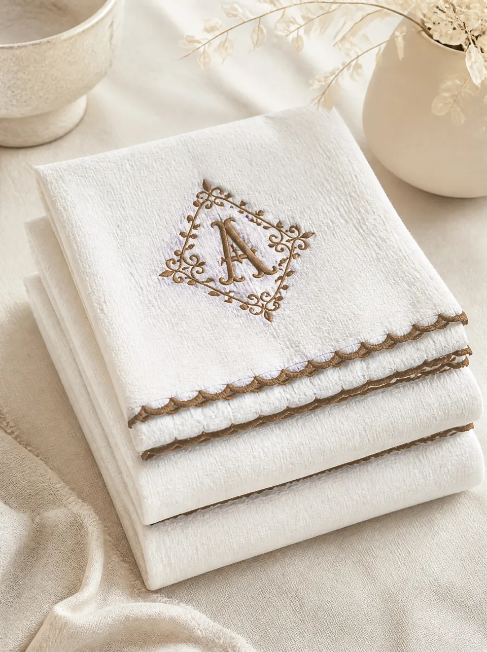 Kahve piko kenarlı, kahve monogramlı bambu havlular — SAYE