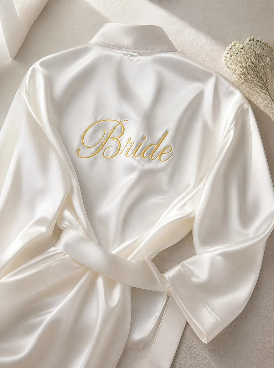 Sırtında altın Bride nakışlı fildişi saten gelin sabahlığı — Gelin