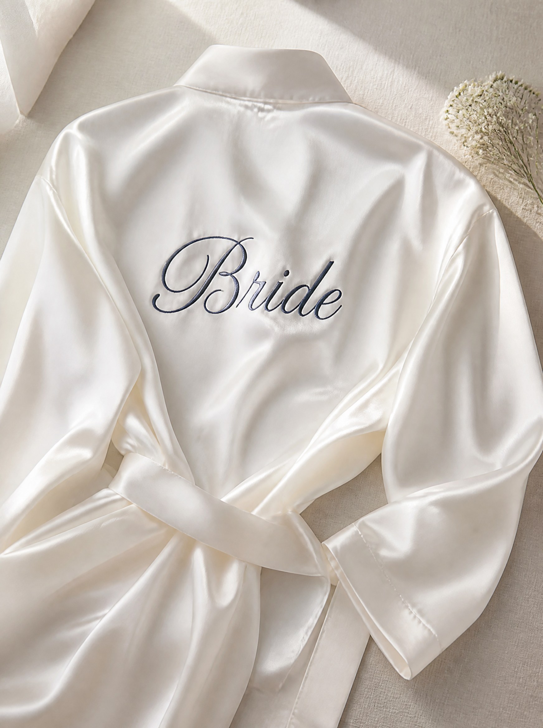 Sırtında Bride nakışlı fildişi saten gelin sabahlığı — Gelin