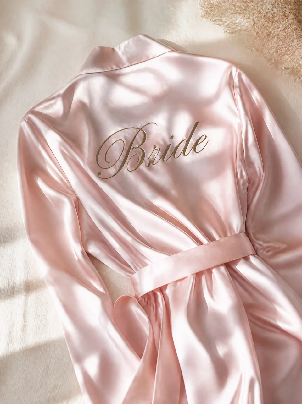 Sırtında kahve Bride nakışlı pudra saten gelin sabahlığı — Gelin
