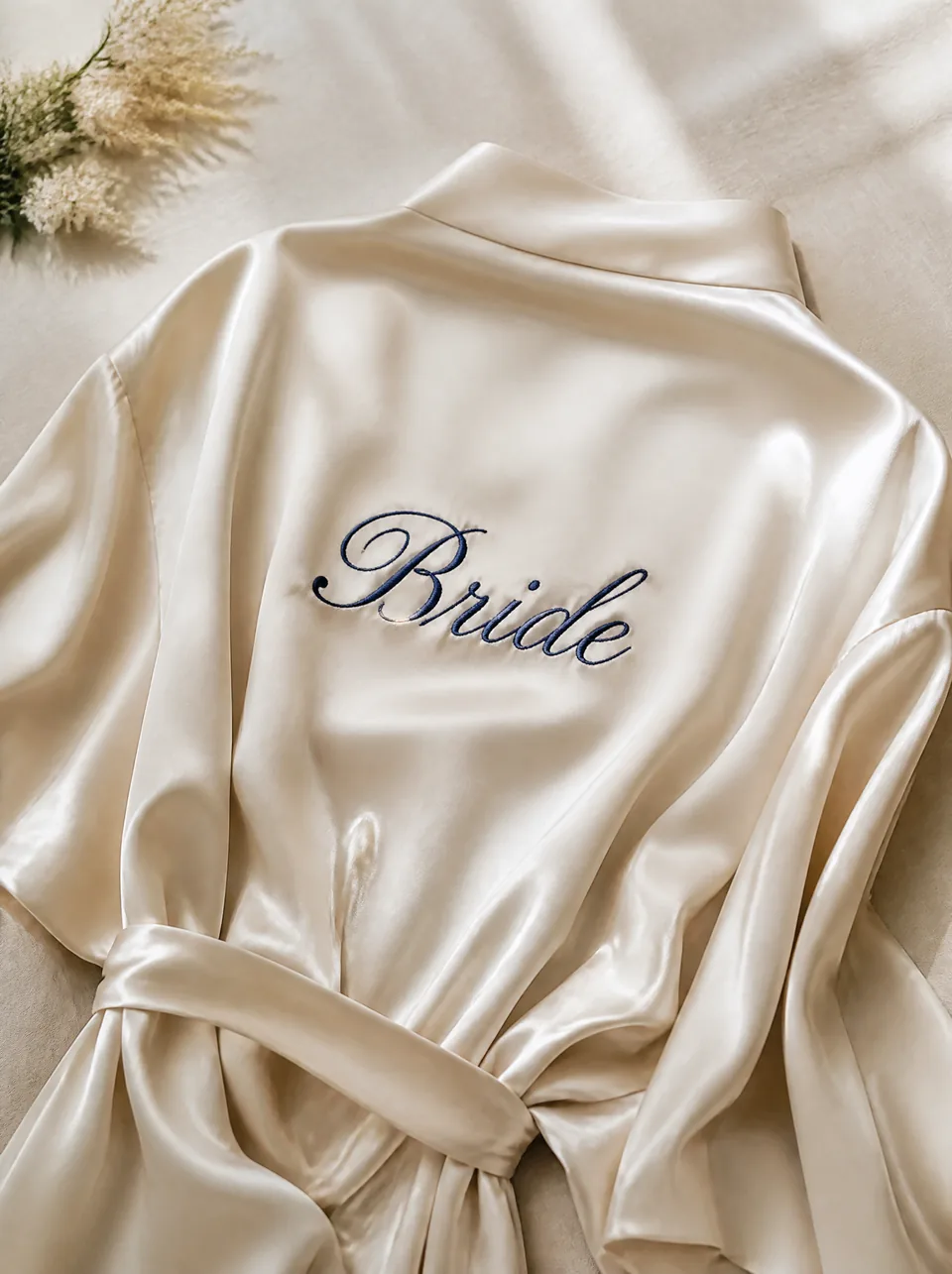 Sırtında Bride nakışlı şampanya saten gelin sabahlığı — Gelin