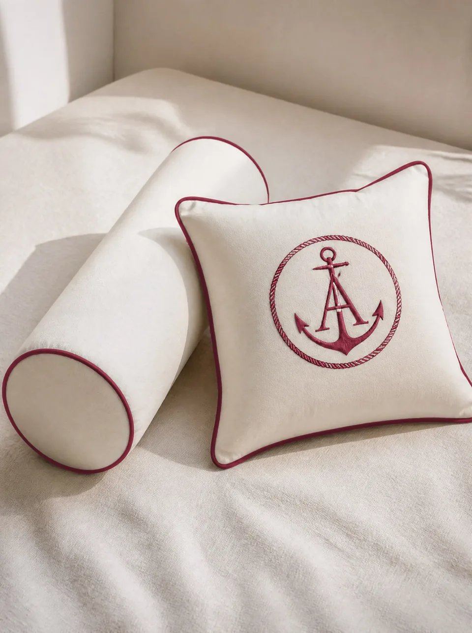 Bordo biyeli, bordo çapa monogramlı beyaz kırlentler — Yat Koleksiyonu