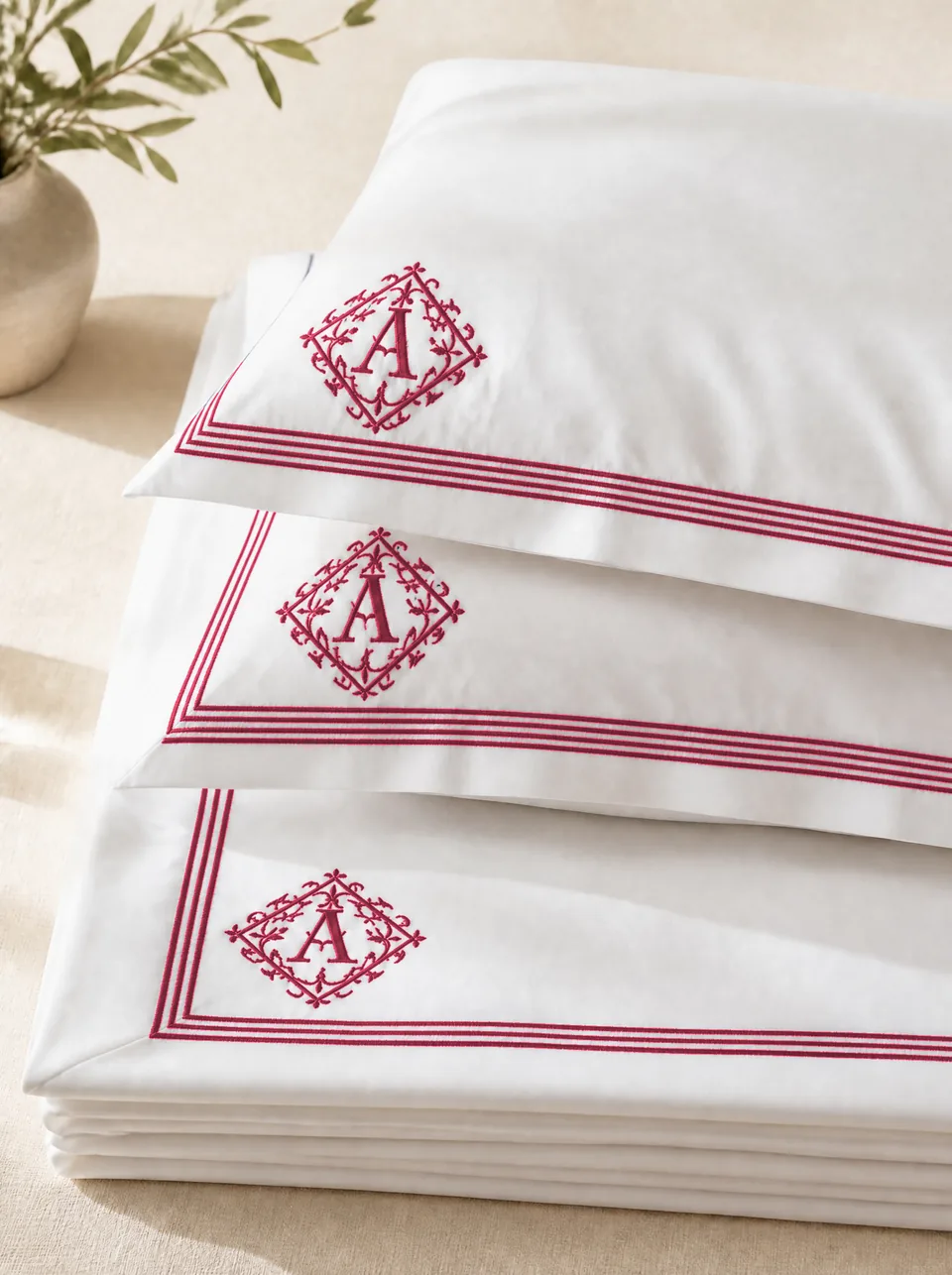 Üç sıra bordo pikolu, bordo monogramlı beyaz pamuk saten nevresim — Monogram serisi