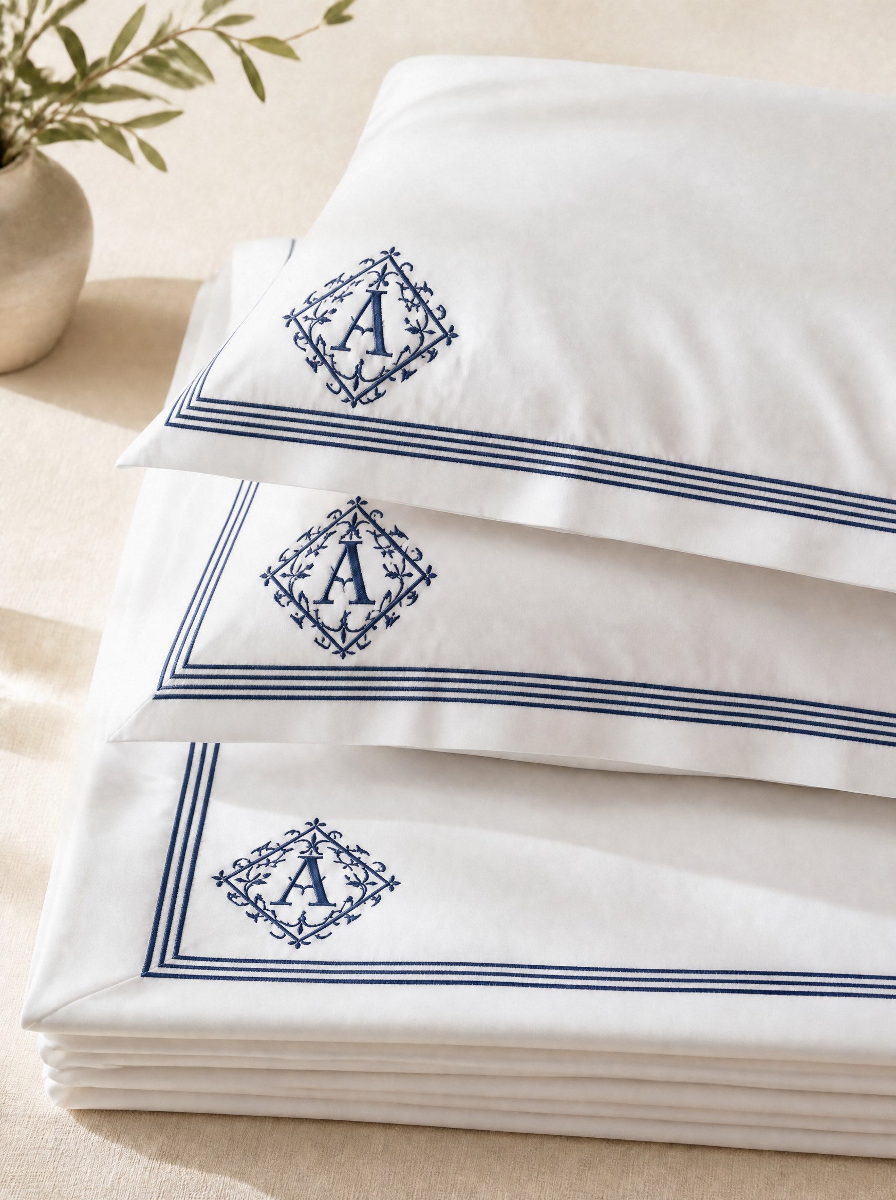 Monogram serisi nevresim — piko nakışlı Oxford yastıklar