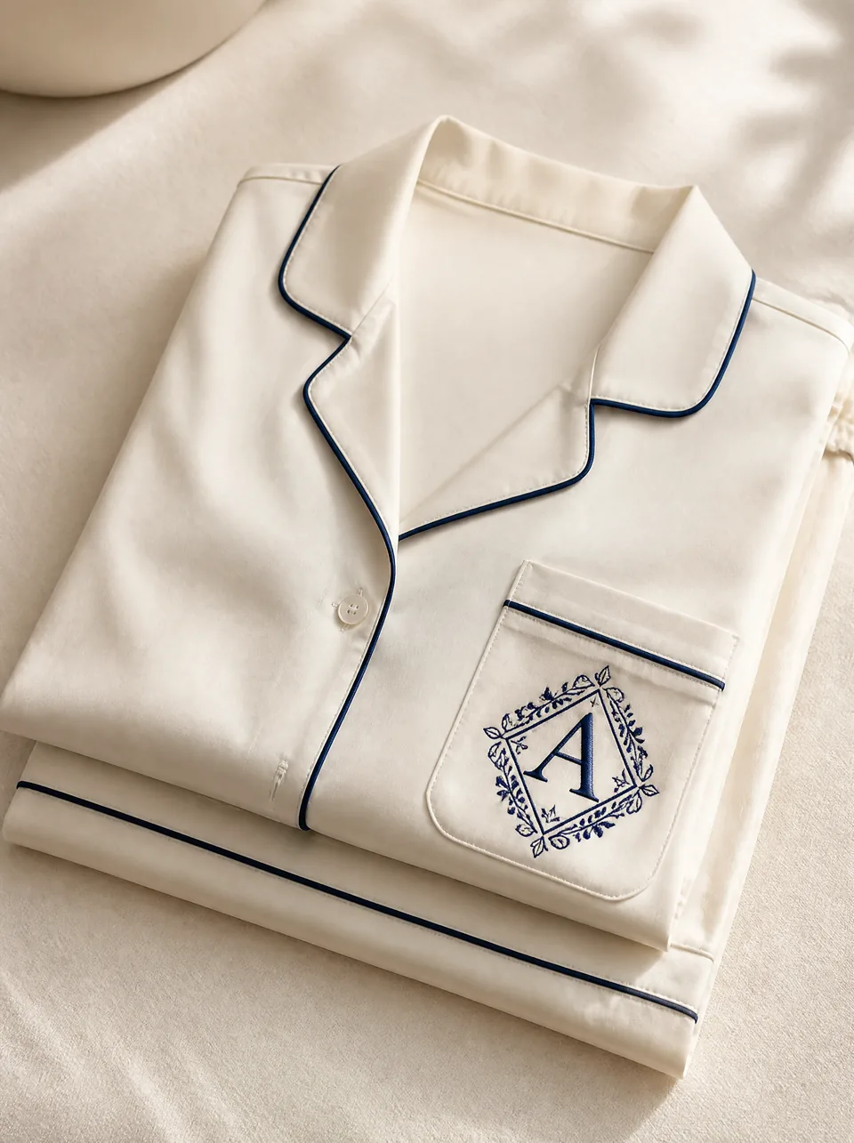 Lacivert biyeli, lacivert monogramlı ekru pamuk saten pijama — Loom