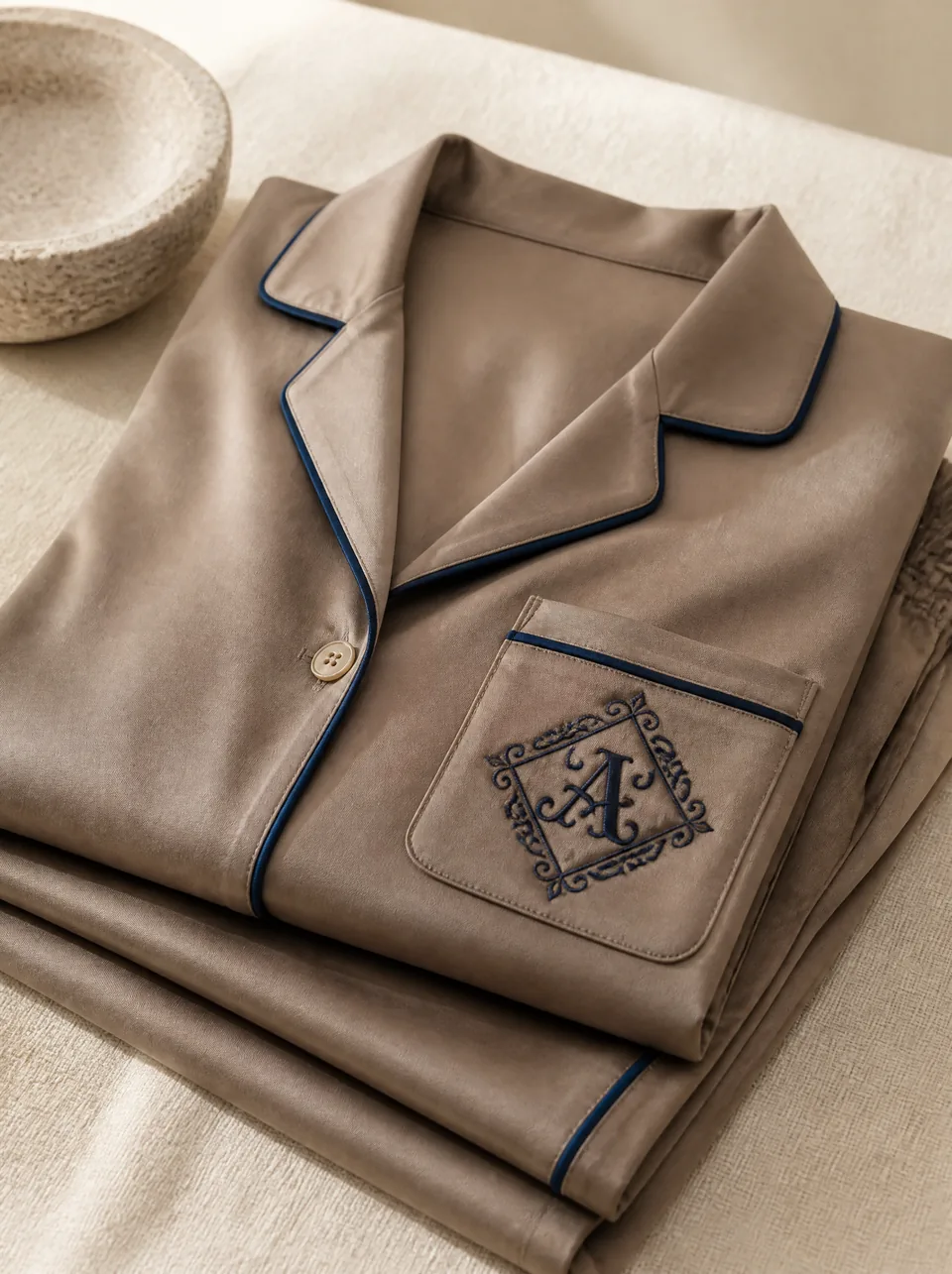 Lacivert biyeli, lacivert monogramlı vizon pamuk saten pijama — Loom